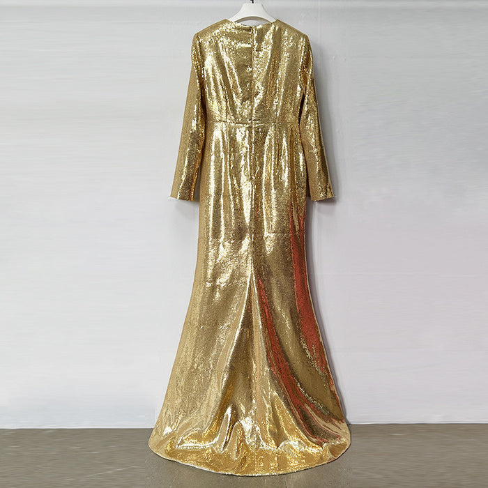 Gold Sequin Maxi Dress – Long Sleeve Elegant Evening Gown for Parties & Formal Events
