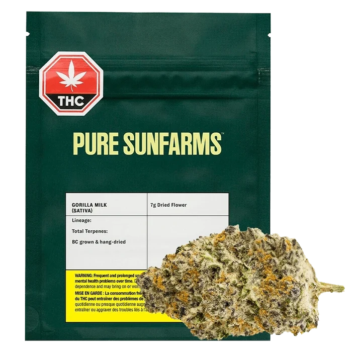 A close-up of the Pure Sunfarms Gorilla Milk package shows the product title and branding on a white background.
