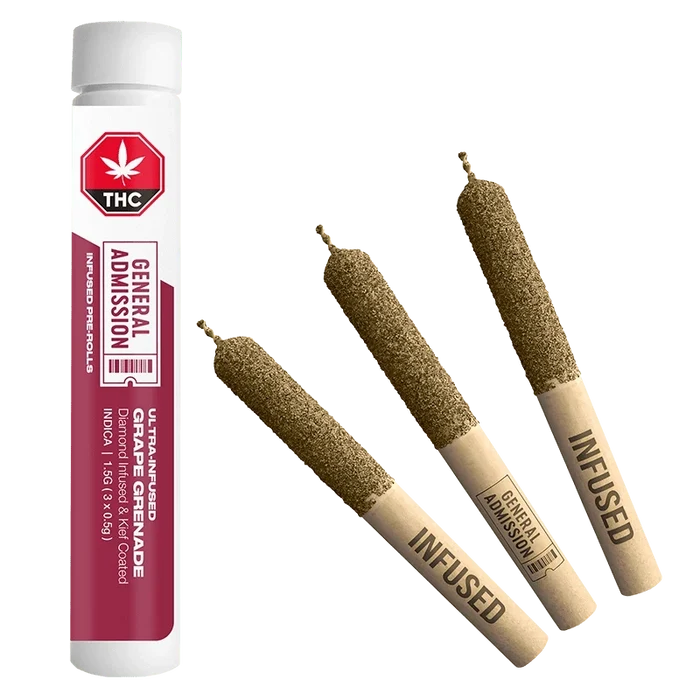 A close-up of the Grape Grenade Diamond Infused Pre Rolled 3 x 0.5 g pre-rolls, showcasing the textured paper wrap and product branding.