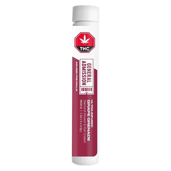 Front view of the Grape Grenade Diamond Infused Pre Rolled 3 x 0.5 g, with text labels on a white background.