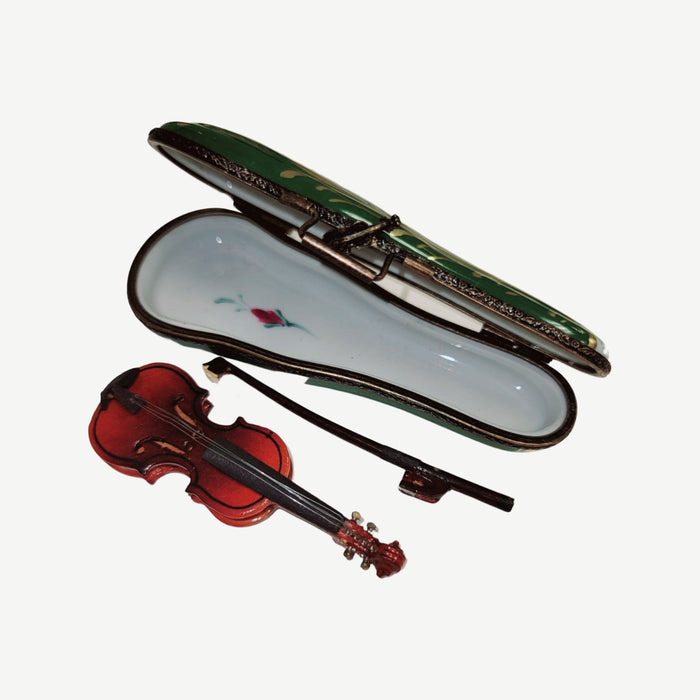 Violin Masterpiece in Green Case Porcelain Limoges music French Trinket Box