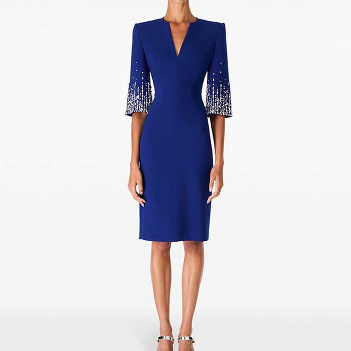 Half-Sleeves V-Neck Knee-Length Cocktail Dress Tailored Collarless Formal Dress