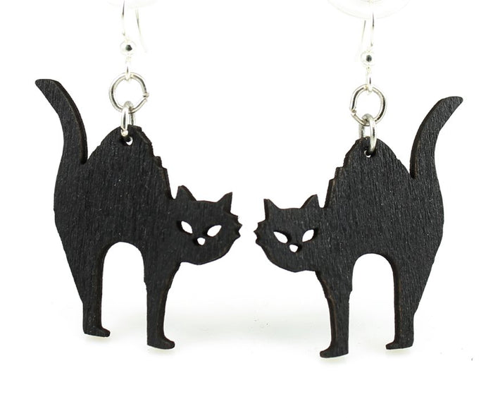 Halloween cat wood earrings — arched black Halloween cat in laser-cut wood, made in USA