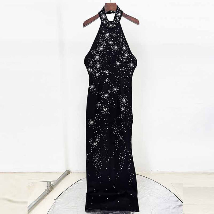 Halter Crystal Embellished Maxi Dress Black