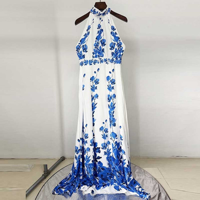 Halter Neck Blue Floral-print Maxi Dress