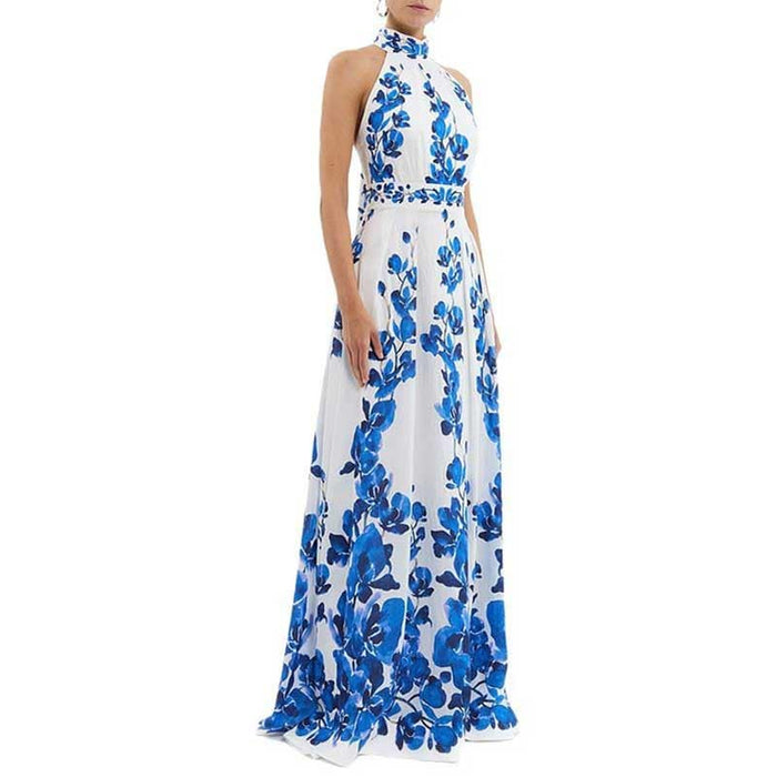 Halter Neck Blue Floral-print Maxi Dress