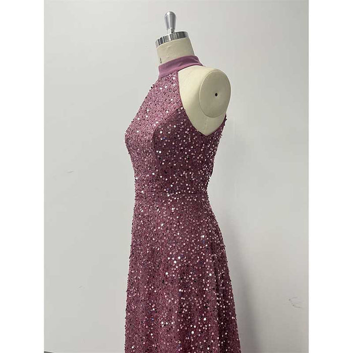 Halter Neck Sequin Wedding Guest Dress Dust Rose Long Evening Dress