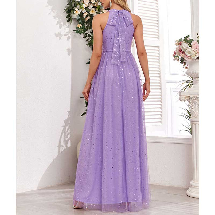 Halter Neck Wedding Guest Dress Tulle Long Prom Dress Lavender Bridesmaid Dress
