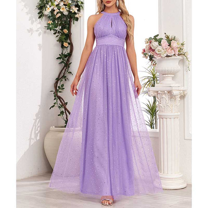 Halter Neck Wedding Guest Dress Tulle Long Prom Dress Lavender Bridesmaid Dress