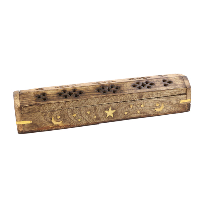 Hand Carved Wooden Incense Burner Box - Moon & Stars (LB - Smokin Resin Company