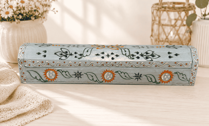 Hand Painted Wooden Incense Box - OCEAN BLUE (12 in.) - Smokin Resin Company