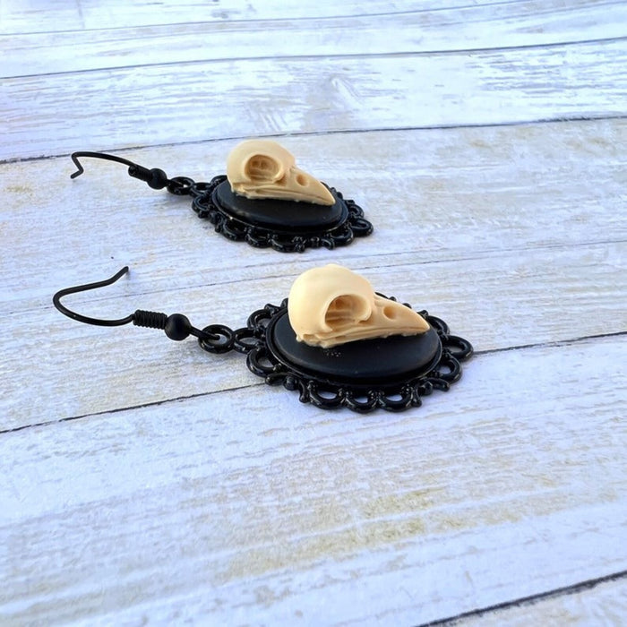 Handmade Edgar Allen Poe Inspired Raven resin Skull Cameo Earrings