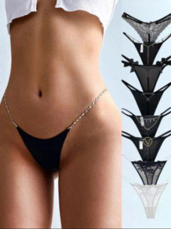 Heart Metal Waist Chain Solid Color T-back Thong