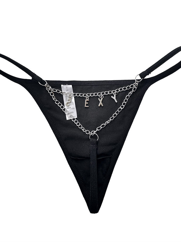 Heart Metal Waist Chain Solid Color T-back Thong