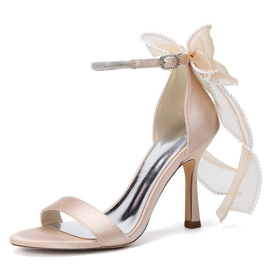 High Heel Sandals for Women | Bridal Wedding Shoes with Ankle Strap & Organza Bow | Satin Open Toe Stilettos for Party Evening Formal