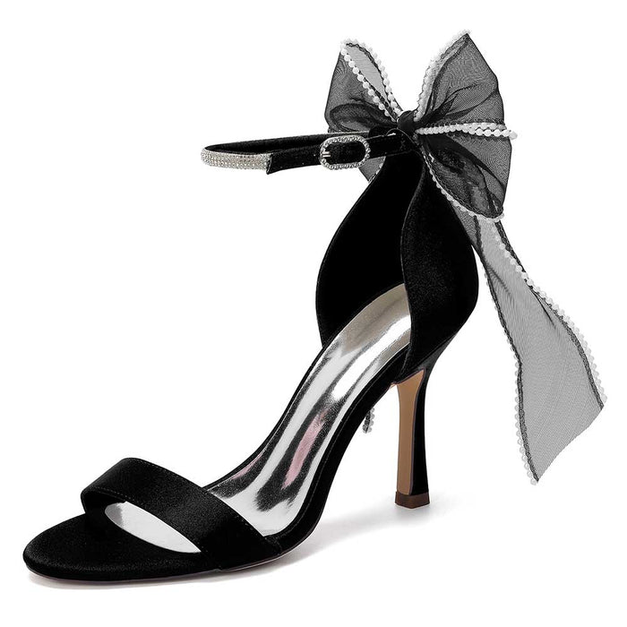 High Heel Sandals for Women | Bridal Wedding Shoes with Ankle Strap & Organza Bow | Satin Open Toe Stilettos for Party Evening Formal