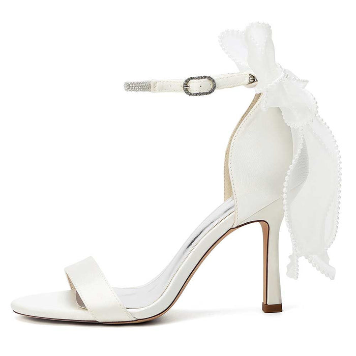High Heel Sandals for Women | Bridal Wedding Shoes with Ankle Strap & Organza Bow | Satin Open Toe Stilettos for Party Evening Formal