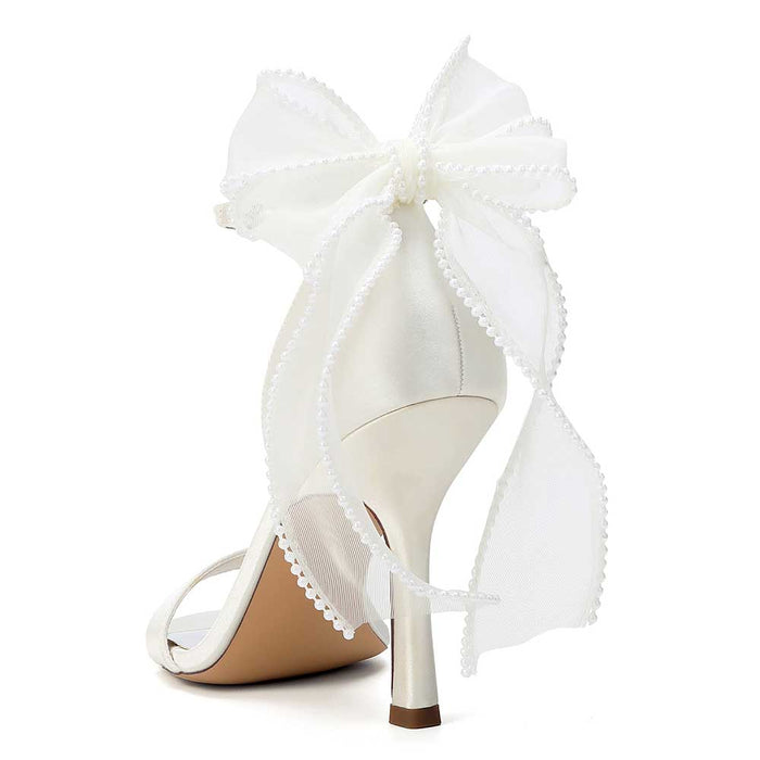 High Heel Sandals for Women | Bridal Wedding Shoes with Ankle Strap & Organza Bow | Satin Open Toe Stilettos for Party Evening Formal