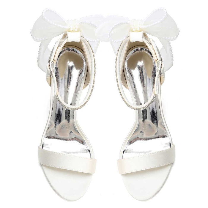 High Heel Sandals for Women | Bridal Wedding Shoes with Ankle Strap & Organza Bow | Satin Open Toe Stilettos for Party Evening Formal