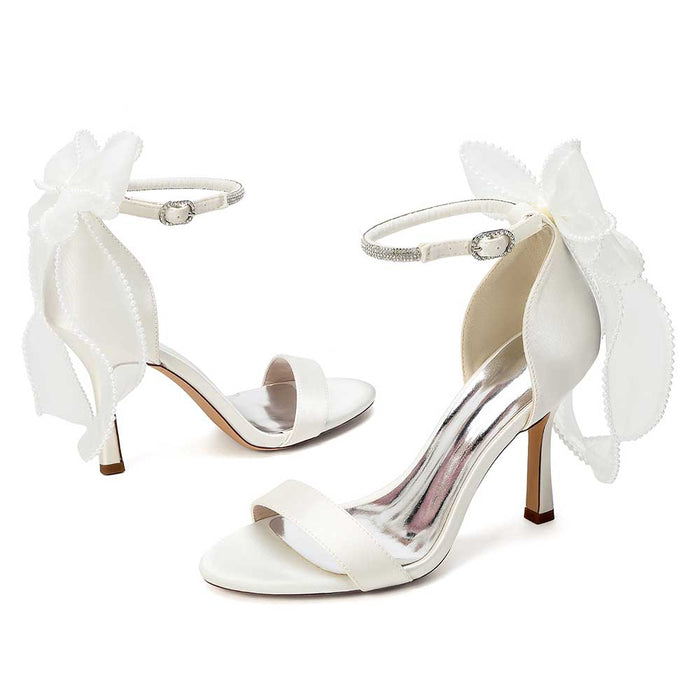 High Heel Sandals for Women | Bridal Wedding Shoes with Ankle Strap & Organza Bow | Satin Open Toe Stilettos for Party Evening Formal