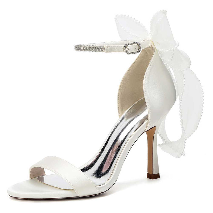 High Heel Sandals for Women | Bridal Wedding Shoes with Ankle Strap & Organza Bow | Satin Open Toe Stilettos for Party Evening Formal