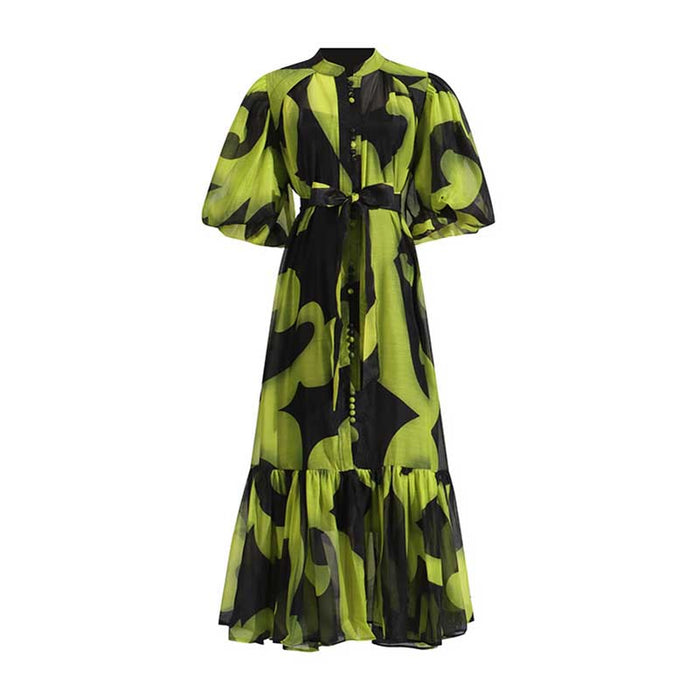 High Neck Floral Midi Dress Short Sleeves