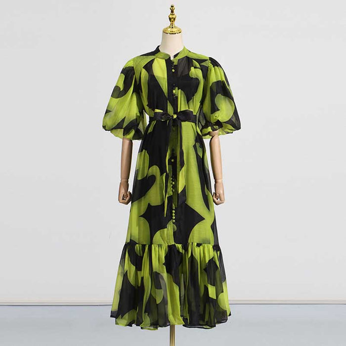 High Neck Floral Midi Dress Short Sleeves