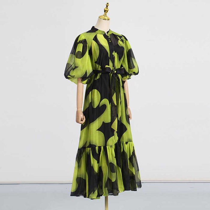 High Neck Floral Midi Dress Short Sleeves