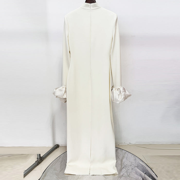 High-neck Maxi Dress With Ruffled Crystal-embellished Sleeves
