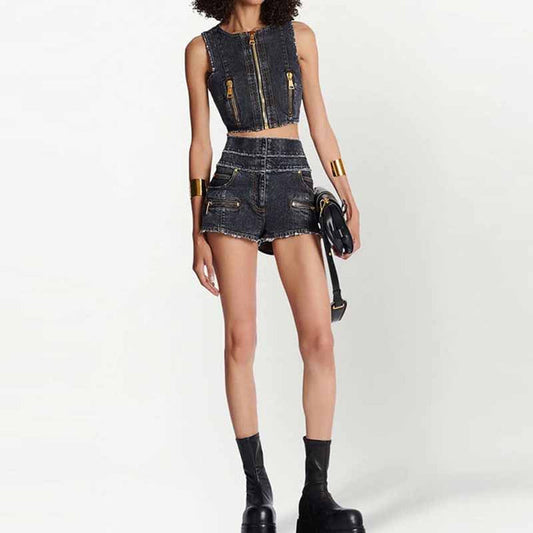 High-Waisted Faded Denim Tank Top + Shorts Suit