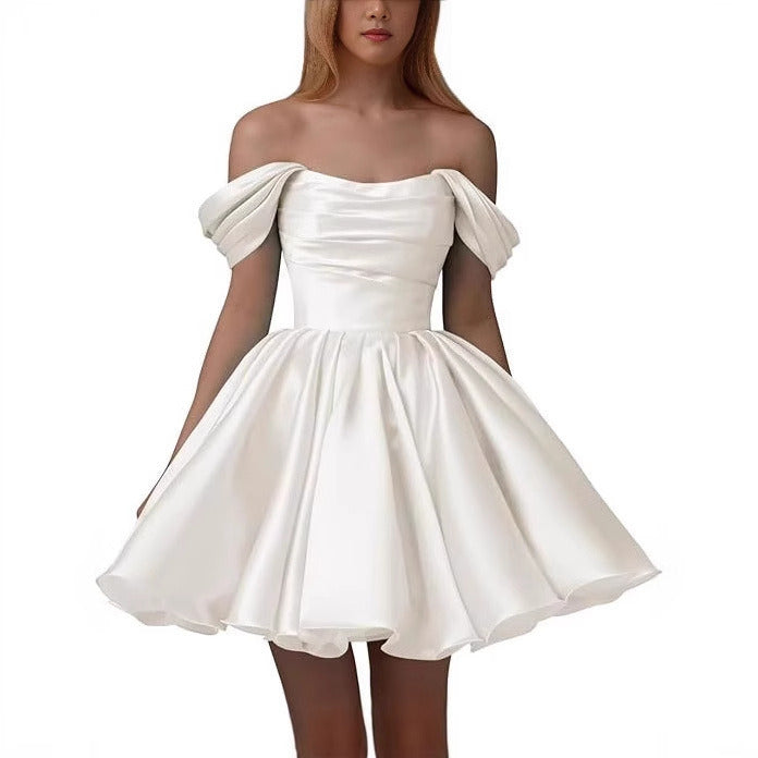 Home Coming Dress Off Shoulder Satin Cocktail Dress – Elegant Party & Prom Dress