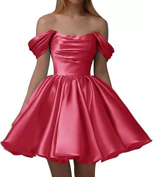 Home Coming Dress Off Shoulder Satin Cocktail Dress – Elegant Party & Prom Dress