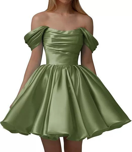Home Coming Dress Off Shoulder Satin Cocktail Dress – Elegant Party & Prom Dress