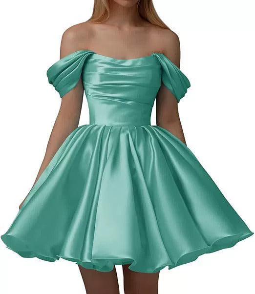 Home Coming Dress Off Shoulder Satin Cocktail Dress – Elegant Party & Prom Dress