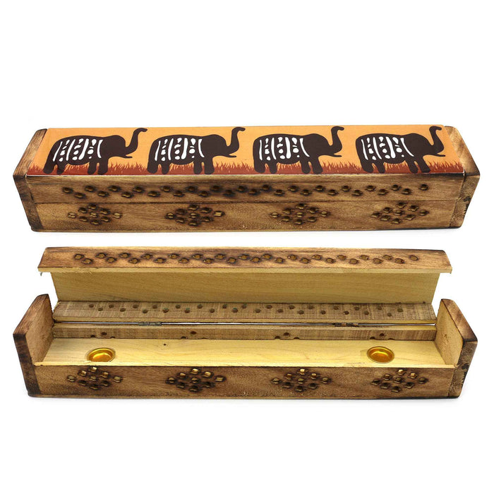 Incense Burner Box, Wooden - Elephants