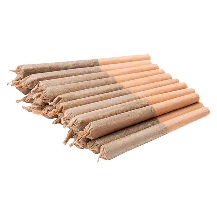 A top-down view of the Indica Jar of Js Pre Rolled 20 x 0.35 g, displaying twenty pre-rolled joints arranged closely together.