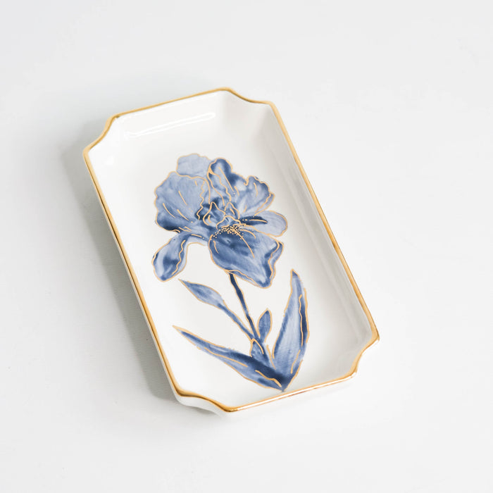 Iris Petite Gold-Luster Stoneware Valet Tray — Midnight Iris Petite tray showing a hand-painted Blue iris and Gold-luster edge; Susan Gordon Pottery
