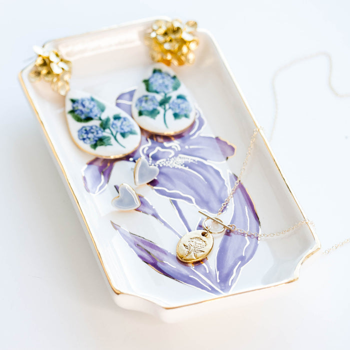 Iris Petite Gold-Luster Stoneware Valet Tray — alternate Aubergine Iris tray holding separate jewelry shown for reference; Susan Gordon Pottery