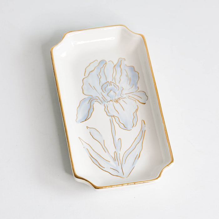 Iris Petite Gold-Luster Stoneware Valet Tray — French Blue Iris Petite tray with pale outlined flower; Susan Gordon Pottery