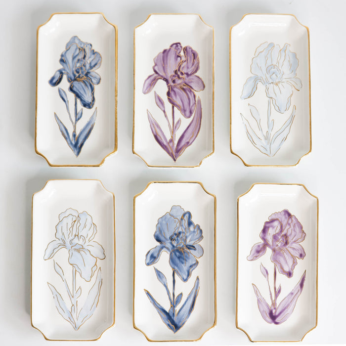 Iris Petite Gold-Luster Stoneware Valet Tray — separate Iris trays arranged together to show hand-painted variations; Susan Gordon Pottery