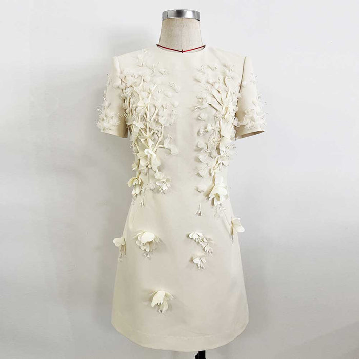 Ivory Floral Embellished Mini Dress – Elegant Short Sleeve Cocktail Dress for Weddings, Parties & Special Occasions