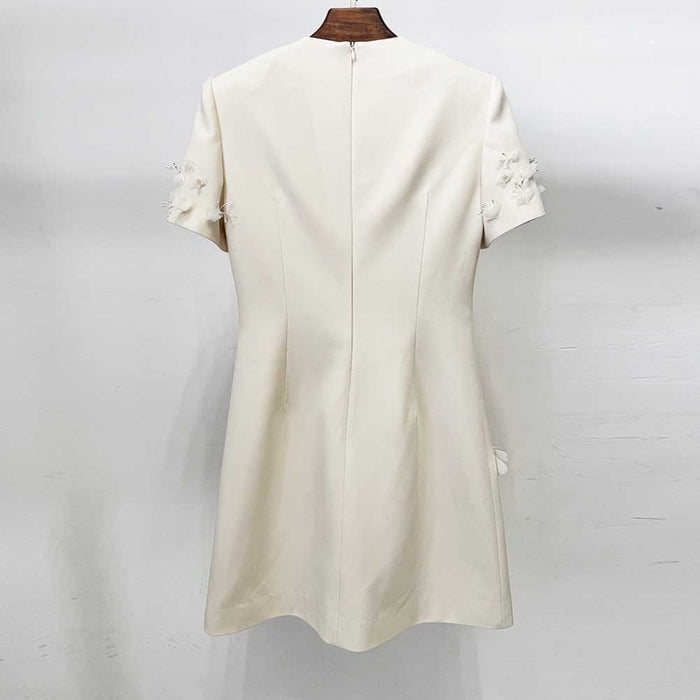 Ivory Floral Embellished Mini Dress – Elegant Short Sleeve Cocktail Dress for Weddings, Parties & Special Occasions