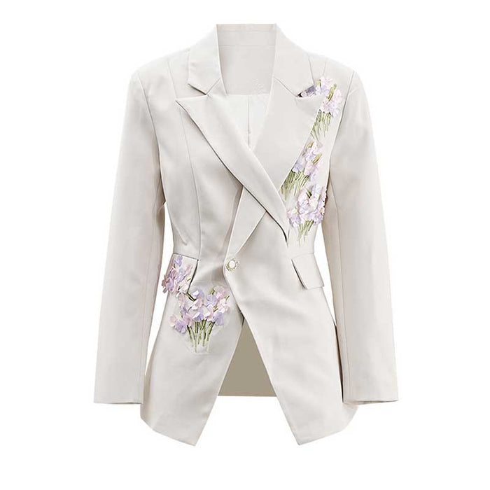 Ivory flower detail pantsuit for women featuring elegant floral embroidery on the blazer