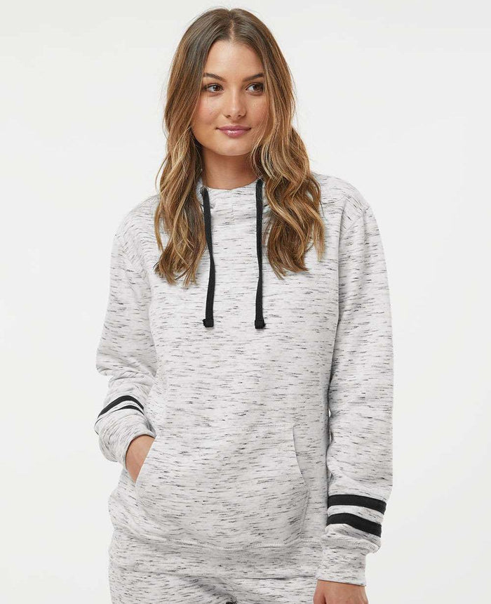 no-logo J America Ladies Mélange Fleece Striped-Sleeve Hooded Sweatshirt-Ladies Layering-J. America-Thread Logic