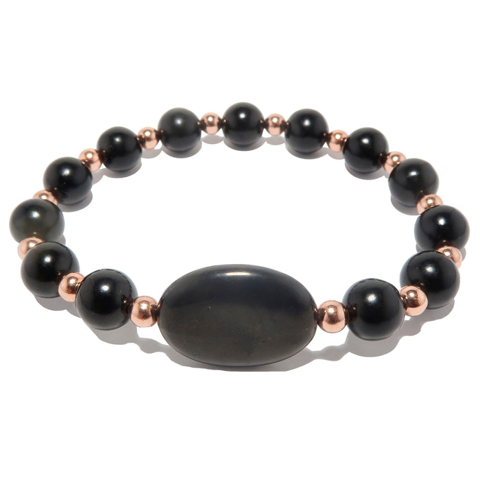 jet oval and round stones beaded with copper rounds on stretch bracelet