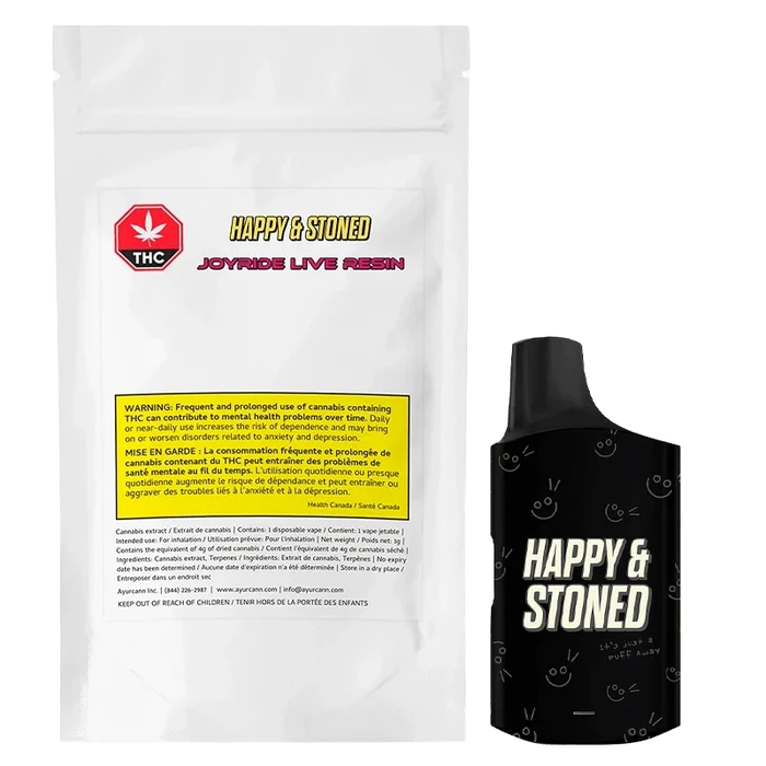 Close-up of the Joyride Live Resin Disposable Vape against a vibrant, colorful background with warning text.