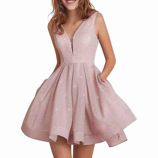 Juniors Homecoming Dress Glittery Short Sleeveless Party Prom Dresses Pockets Ball Gown