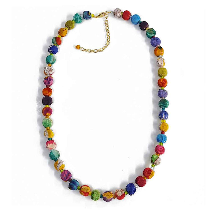 Kantha Bead Necklace Recycled Sari Fabric Handmade Colorful Ethnic Jewelry