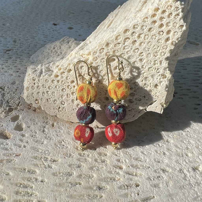 Kantha Sari Earrings Handmade Stacked Beads Repurposed Sari Fabric Lightweight