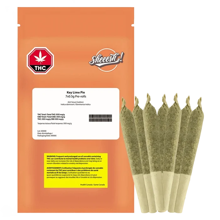 Close-up of the Key Lime Pie Pre Rolled 7 x 0.5 g pre-rolls packaging against a dark background, displaying a bright pink and green color scheme.
